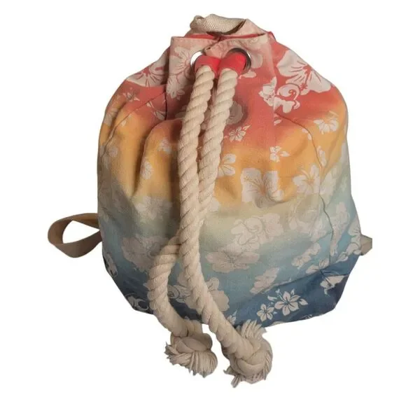 Disney Parks Floral Hawaiian Canvas Bag Drawstring Backpack Rainbow 15.5x12x5 - Picture 1 of 5